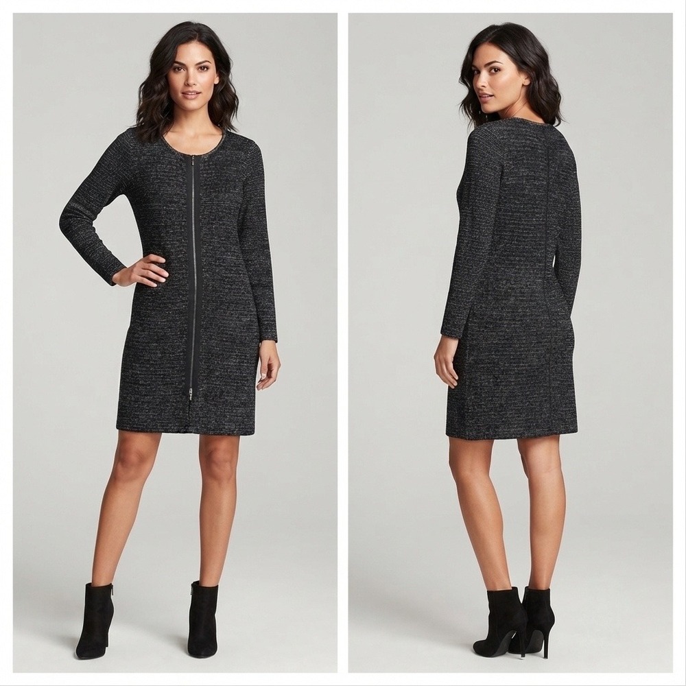 Talbots Women's Full Zip Sweater Dress Size M Black White Marled Knit Cardigan